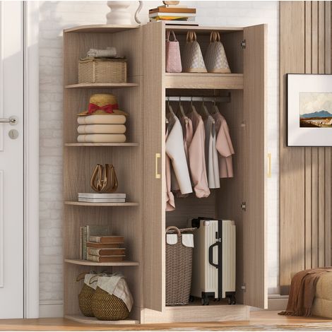 Armario de 2 puertas 90 x 55 x 170 cm con estantes y barra, color madera natural (1/5)