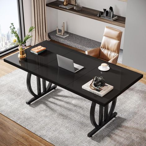Bürotisch 160cm Computertisch mit Metallbeinen, moderner Arbeitsplatz, schwarz (1/5)