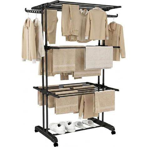 Étendoir à Linge Vertical à roulettes, Pliable, 3 Niveaux 30 m, Noir (1/5)