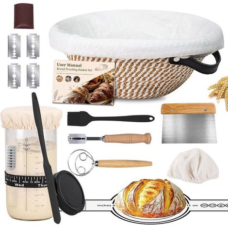 Set da forno rotondo da 19 pezzi, comprensivo di barattolo per il lievito, spago di cotone, rivestimento interno e coperchio, ideale come regalo per panettieri e amanti del pane integrale. (1/5)