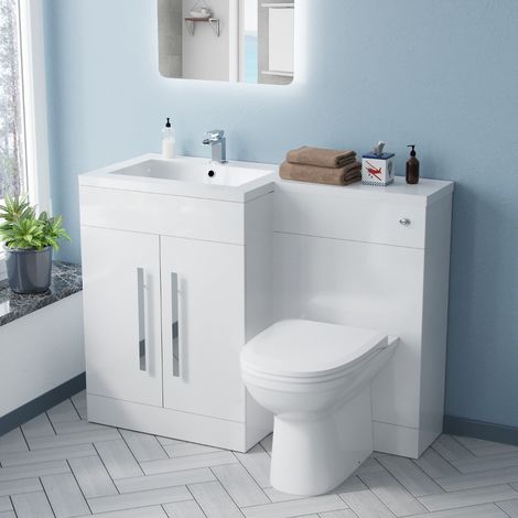 Aric Left Hand White Gloss Bathroom Basin Vanity Unit WC Toilet Cabinet Suite - 1100mm (1/5)
