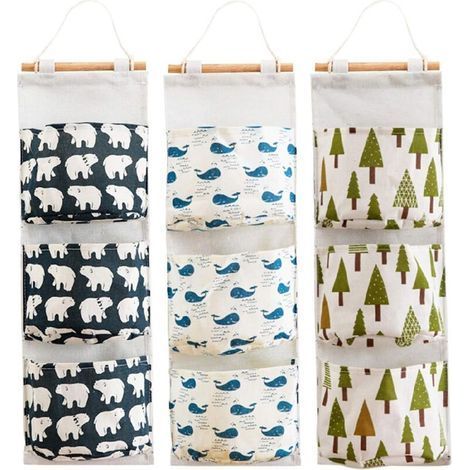 3 Pcs Hanging Storage Bag with 3 Pockets, Fabric Wall Shelf Basket Storage Pouch Organizer for Bedroom Bathroom Kitchen - Waterproof & Stylish (Bear/Tree/Whale)- (1/5)