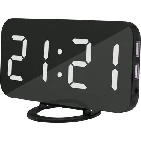Sveglia digitale, orologio con superficie a specchio, display LED da 6,2 pollici con due porte USB, modalità dimmer automatico, orologio da parete con funzione snooze e luce notturna a batteria. DEBUN (1/5)