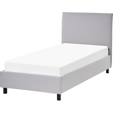 Marco de cama tapizado en tela gris con patas de madera 90 x 200 cm listones cabecero minimalista estilo escandinavo Sennez