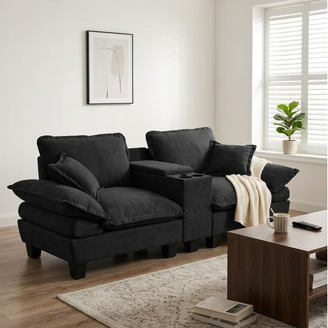 Sofas gerade - Modulares Sofa mit Getränkehalter, Stauraum und 2 Kissen, Segeldesign, in Chenille schwarz (1/5)