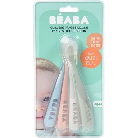 Pack de 4 cucharas para bebé de silicona BEABA, empuñadura larga, Eucalipto, a partir de 4 meses (1/2)