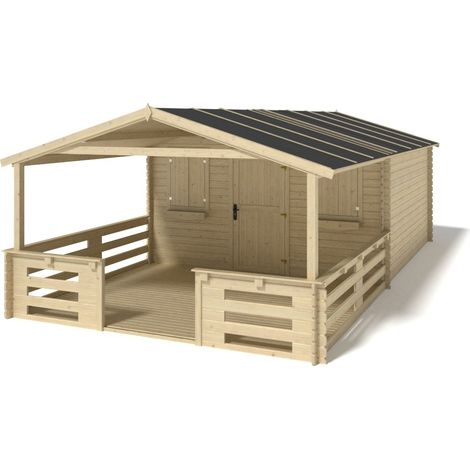 Abri de jardin en bois - 4x3 m + terrasse avec balustrade et avant-toit en bois - 24 m2 (1/5)