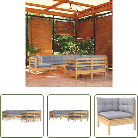Terrassensofa - 10-tlg. Garten-Lounge-Set mit Grauen Kissen Kiefer Massivholz (1/5)