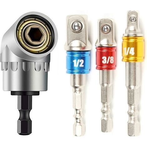 Lntyq 1pc Foret à Angle Droit et 3pcs Adaptateur Douille 1/2"3/8"1/4" Kit Renvoi d'angle Visseuse de 105 Degrés Magnétique Changement Rapide Perceuse Electrique Acce (1/5)
