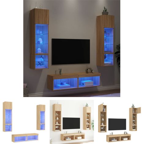 The Living Store 6-tlg. Wohnwand mit LED-Beleuchtung Sonoma-Eiche Holzwerkstoff - TV-Möbel (1/5)