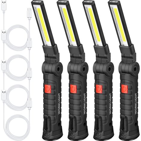 Lot de 4 lampes de travail LED rechargeables avec base magnétique, crochet de suspension et rotation à 360°, 5 modes, lampe de poche LED portable pour réparation de voiture, maison et (1/5)