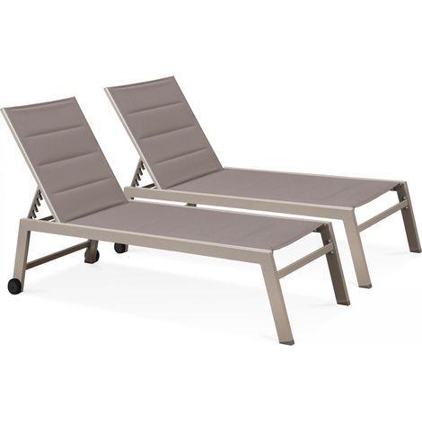 Oviala – Lot de 2 bains de soleil empilables en aluminium et textilène – Dossier inclinable 5 positions – Roues intégrées pour déplacement facile (1/5)