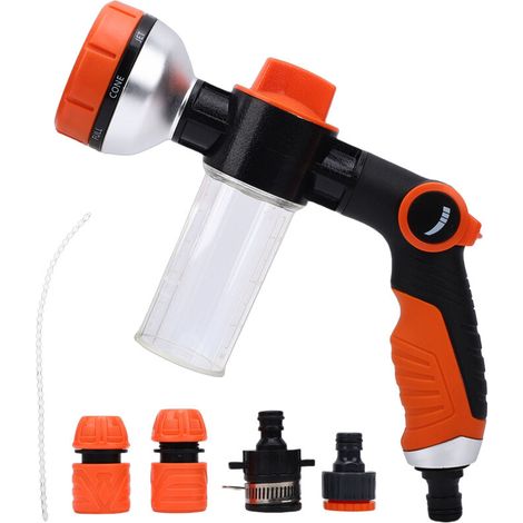 Accessoire de tuyau d'arrosage pour le lavage des chiens avec flacon distributeur de savon  buse de tuyau d'arrosage 8 en 1 pour laver les voitures, nettoyer les sols et arroser les plantes (1/5)