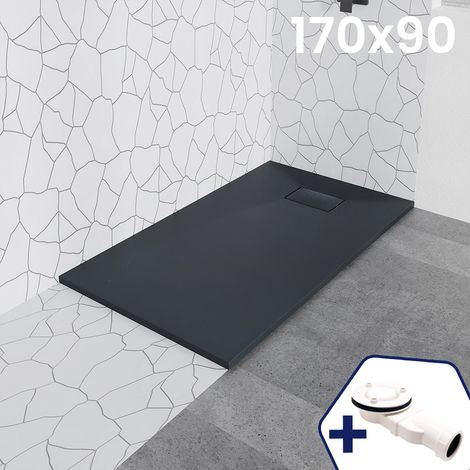 BADLAND Duschwanne 170x90x3,2 VIDAR Schwarz Verbundwerkstoff Duschtasse Rechteck, Steinoptik, mit Ablaufgarnitur Ø 90 mm (1/5)