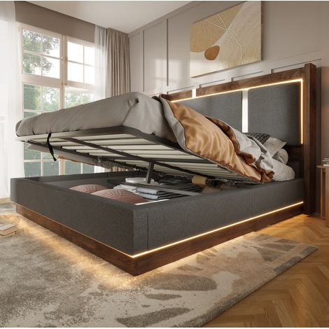 Cama con almacenamiento de 180x200 cm con iluminación LED y sistema hidráulico, cabecero de 60 cm, estructura robusta en lino gris y madera de nogal. (1/5)