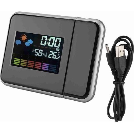 Réveil Projecteur LED Noir, Affichage Température Humidité, Angle 180°, Portée 5m, Fonction Snooze, Plastique, 15x11x2cm (1/5)