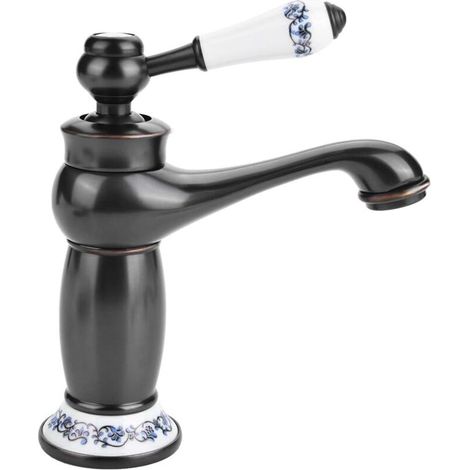 Grifo mezclador de lavabo retro de latón y cerámica, grifo de lavabo vintage floral de cuello largo de porcelana azul y blanca con entrada de agua fría/caliente, para cocina y baño (negro).