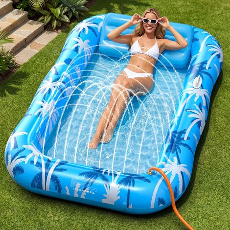 Tapis de piscine avec jets d'eau et motif de feuilles d'érable bleues (208 x 130 cm) fauteuil de piscine gonflable avec arroseur intégré et fonction de brumisation rafraîchissante automatique jouet (1/4)