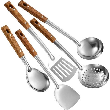 Lot de 5 louches à soupe à manche en bois, cuillères à riz et passoire, accessoires de cuisine (1/5)