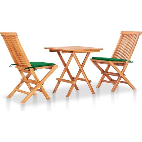 Ensemble de bistro 3 pcs-Salon de jardin bistro avec coussins vert Bois de teck massif (1/5)