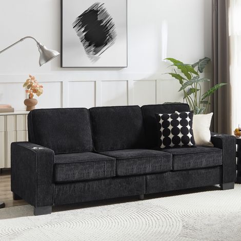 Sofá de 3 plazas de pana negra con portavasos, 206 cm, para salón, OKWISH (1/5)