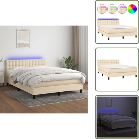 Cama con techo - vidaXL Cama box spring colchón y luces LED tela crema 140x200 cm - Cama con cabecero ajustable