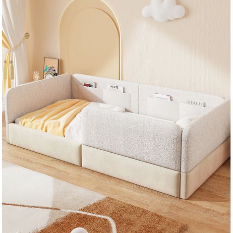 Bett 90x200 cm modern gepolstert in Weiß mit MDF, Samt und PU, Kopfteil, Schutzgitter und Aufbewahrungstaschen