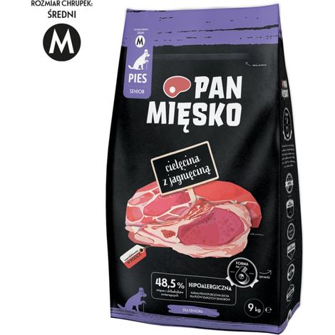 Pan Mięsko Trockenfutter für Hunde Kalbfleisch mit Lamm (Senioren) Chips M 9 kg