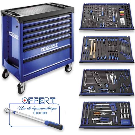Expert – Servante d'atelier roulante 7 tiroirs – Charge maximale 300kg – Dimensions 120x60cm – Composition 314 outils – Clé dynamométrique offerte