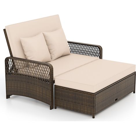 COSTWAY Patio Rattan Daybed 2-Piece Outdoor Wicker Loveseat Sofa Furniture (1/5)