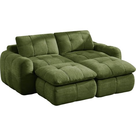 Sofá modular de 2 plazas sin brazos, chenilla verde, diseño acolchado, 2 otomanas (1/5)