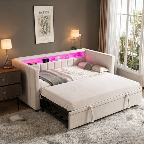 Cadre de lit beige en velours 201 x 100 x 73 cm (1/5)