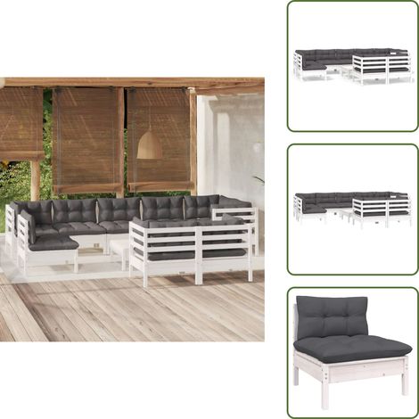 10-tlg. Garten-Lounge-Set mit Kissen Weiß Kiefer Massivholz - Garten Lounge Set - Kiefernholzmöbel - Outdoor Möbel - Gartengeräte - Gartenmöbel (1/5)