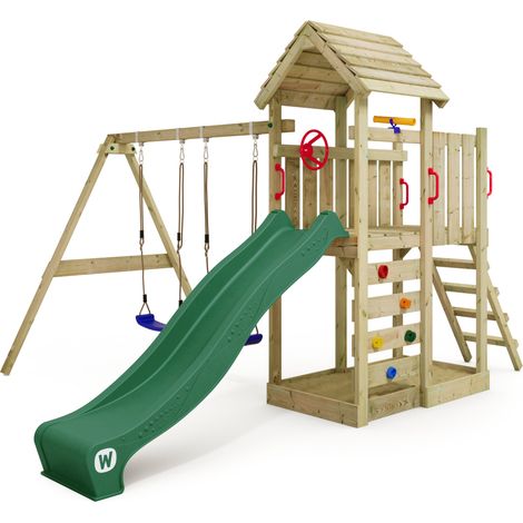 Aire de jeux WICKEY MultiFlyer - Toit en bois - Balançoire - Toboggan - Maison enfant extérieur - Bac à sable - Échelle d'escalade - Accessoires de jeux - Vert