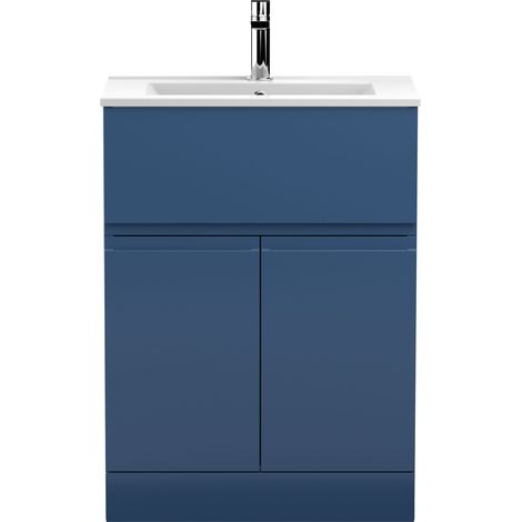 Mavesyn Contemporary 2 Door 1 Drawer Floor Standing Vanity Unit with Minimalist Basin, Dark Blue, 600mm