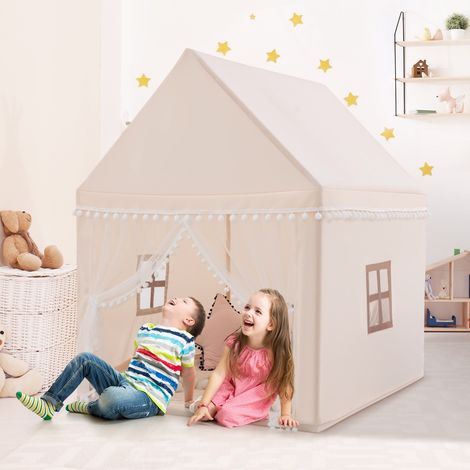 Tente de Jeu Enfant Château Intérieur Cadre en Bois Couverture en Coton Café Maison Chic (1/4)
