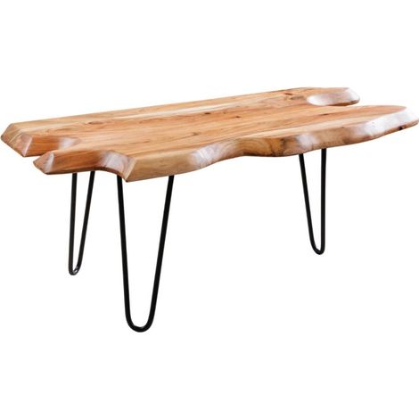 Mesa baja RIVET de madera maciza de acacia forma orgánica y metal negro – mesa de diseño industrial natural