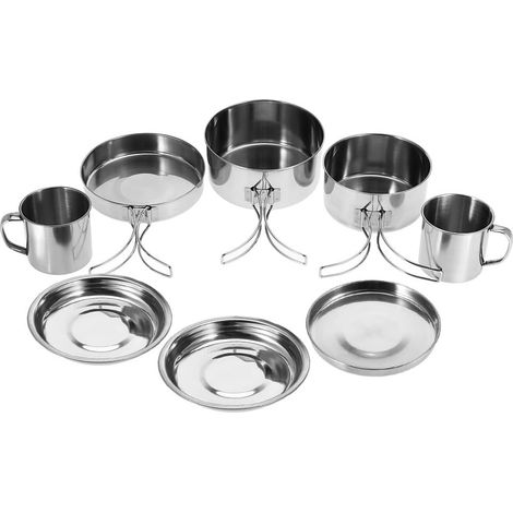Batterie de Cuisine portative d'acier Inoxydable de 8 pièces/Ensemble, Ensemble de Tasse d'assiette de Casserole pour Le Pique-Nique de Camping en Plein air (1/5)