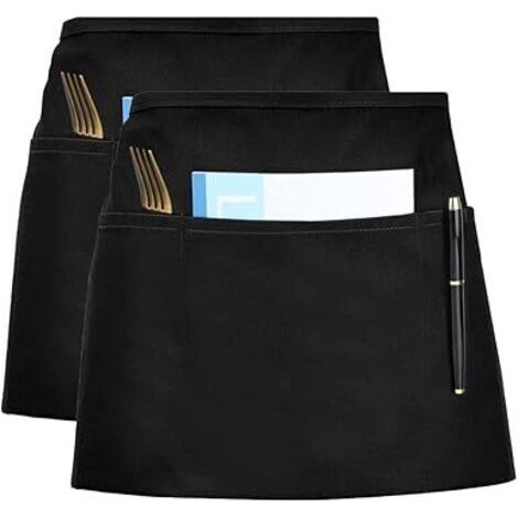 Kitchen Aprons, Waiter Apron Black Apron with Adjustable Strap and 3 Pockets Short Apron for Men Women Waiters 2 Pack (1/5)