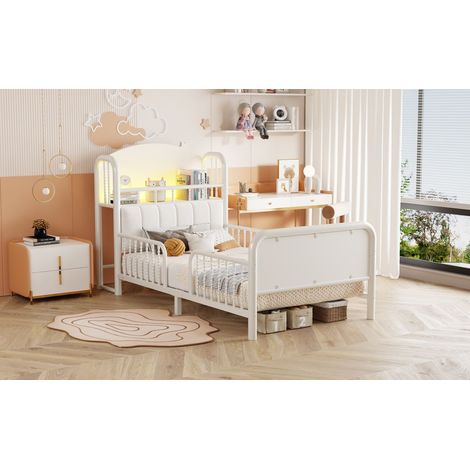 Lit Simple 90 x 200 cm Cadre en métal barrière de sécurité continue Tête de Lit rembourrée compartiment de rangement éclairage LED (1/5)