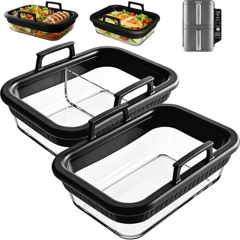 Lot de 2 plats en verre pour friteuse à air chaud avec poignées en silicone pour friteuse à air chaud AF400EU/DZ400EU/AF500EU, résistants à la chaleur, aux rayures, poignée amovible (1/5)