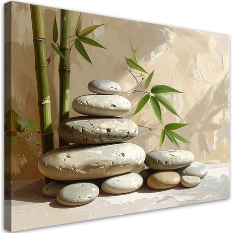 Stampe su Tela, Pietre Zen Spa foglie di bambù beige, 45x30 (1/5)