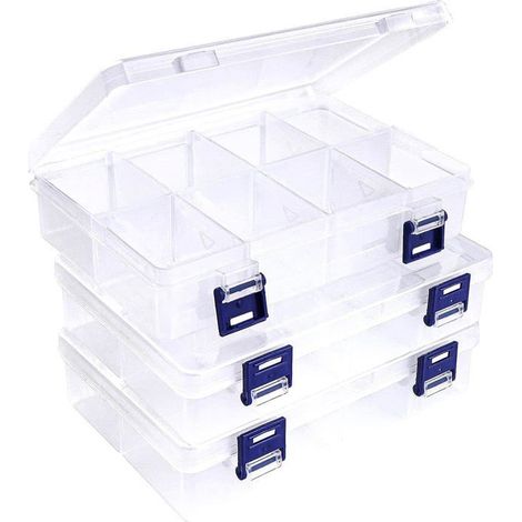 Ensemble de 3 boîtes de rangement en plastique 20 x 13,5 x 4,5 cm Boîte compartimentée, idéale pour les loisirs créatifs, les bijoux et les perles. (1/5)