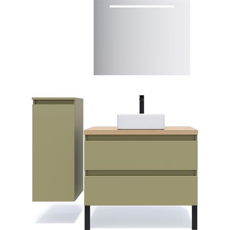 Meuble de salle de bain suspendu vasque à poser 90cm 2 tiroirs Vert olive + miroir + colonne ouverture gauche - Hudson (1/5)