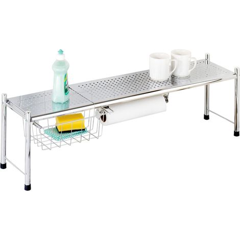 Wenko – Étagère extensible pour évier en métal chromé – Dimensions L. 69 à 116 x l. 21 x H. 27 cm – Tiroir pour torchons et éponges – Support rouleau papier (1/3)