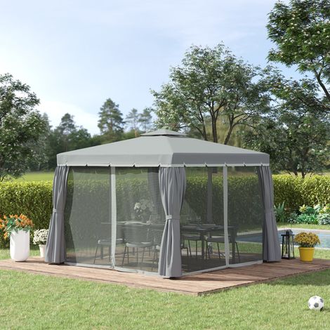 REDOM Gazebo 3x3 m, tetto a 2 livelli, tende e zanzariere rimovibili, alluminio grigio scuro