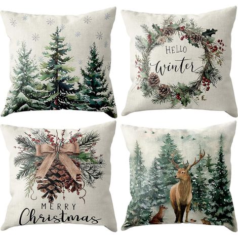 Lot de 4 Housse Coussin Noel 45x45, Taies d'oreiller de Noël D’hiver en Lin Coussin Noel avec Pin Noisetier deco Noel pour Decoration Noel Interieur Maison, Chambre, Canapé, Christmas Decoration (1/5)