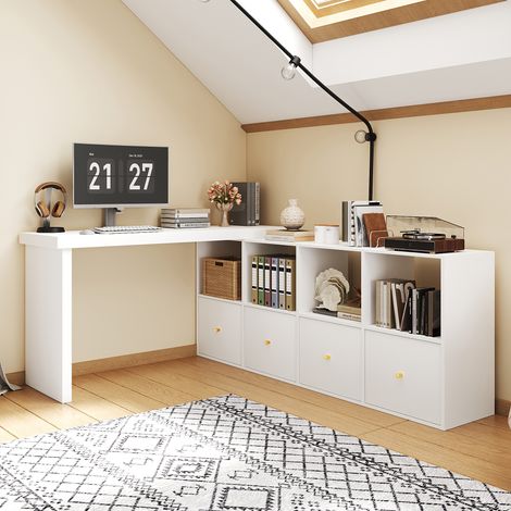 Bureau d'Angle Blanc Pivotant à 360° en Forme de L ou Droit, Table Informatique en MDF Épaisseur 4cm avec 4 Tiroirs et 4 Casiers (1/5)