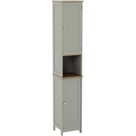 Priano 2 Door Tallboy Freestanding Bathroom Cabinet Cupboard, Grey-&-Oak (1/5)