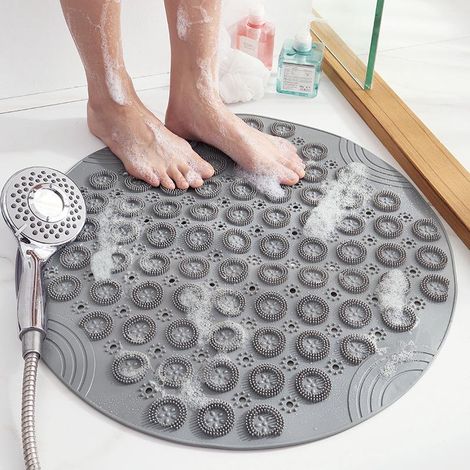 Tapis de bain rond antidérapant en PVC, gris, pour salle de bain et douche. Séchage rapide grâce à ses ventouses. Tapis de massage pour les pieds. (1/4)